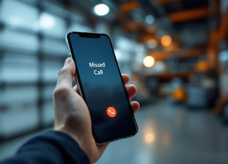 Smartphone showing missed call while garage door tech works