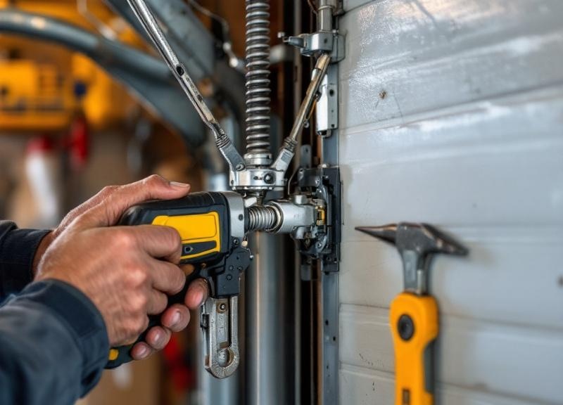 Garage door technician repairing residential garage door