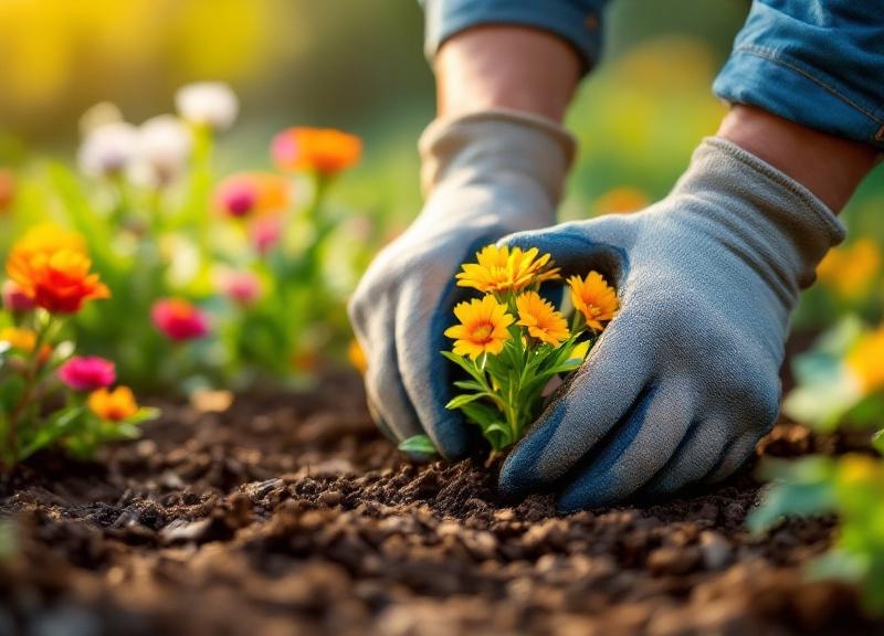 Professional landscaper hands planting in garden
