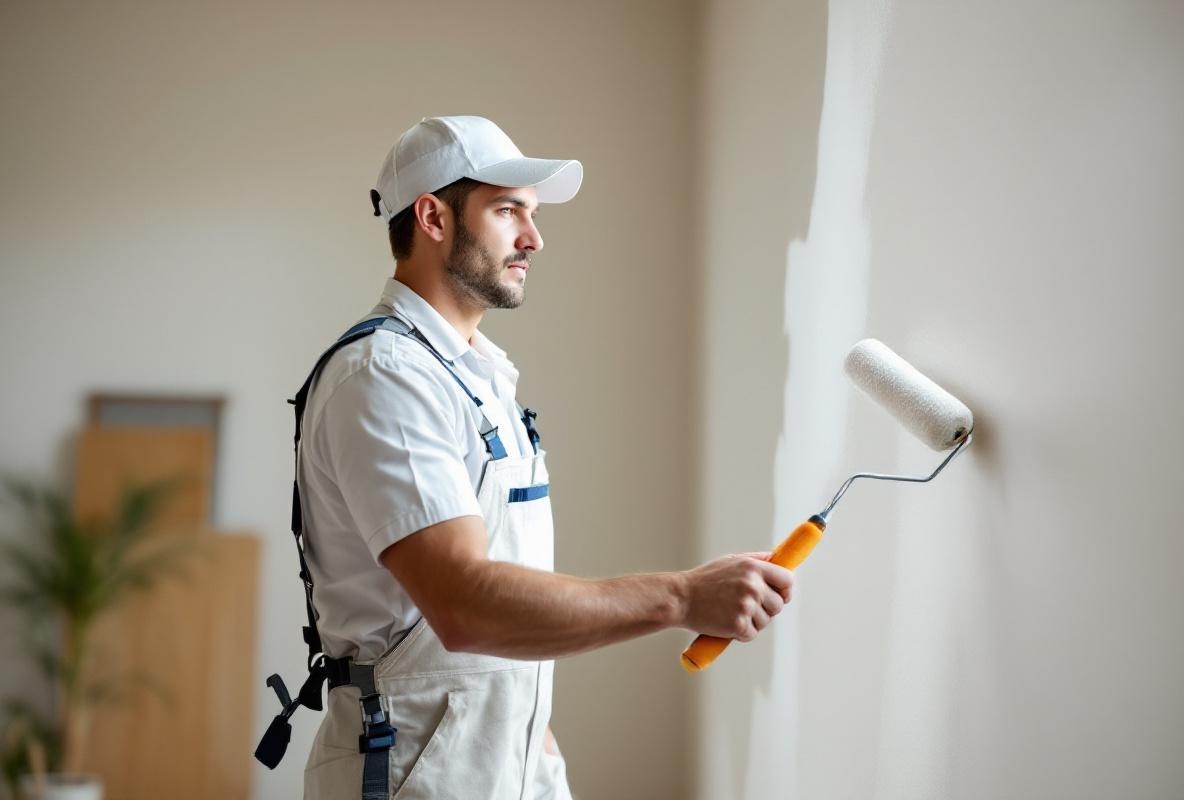 Professional painter working on interior wall