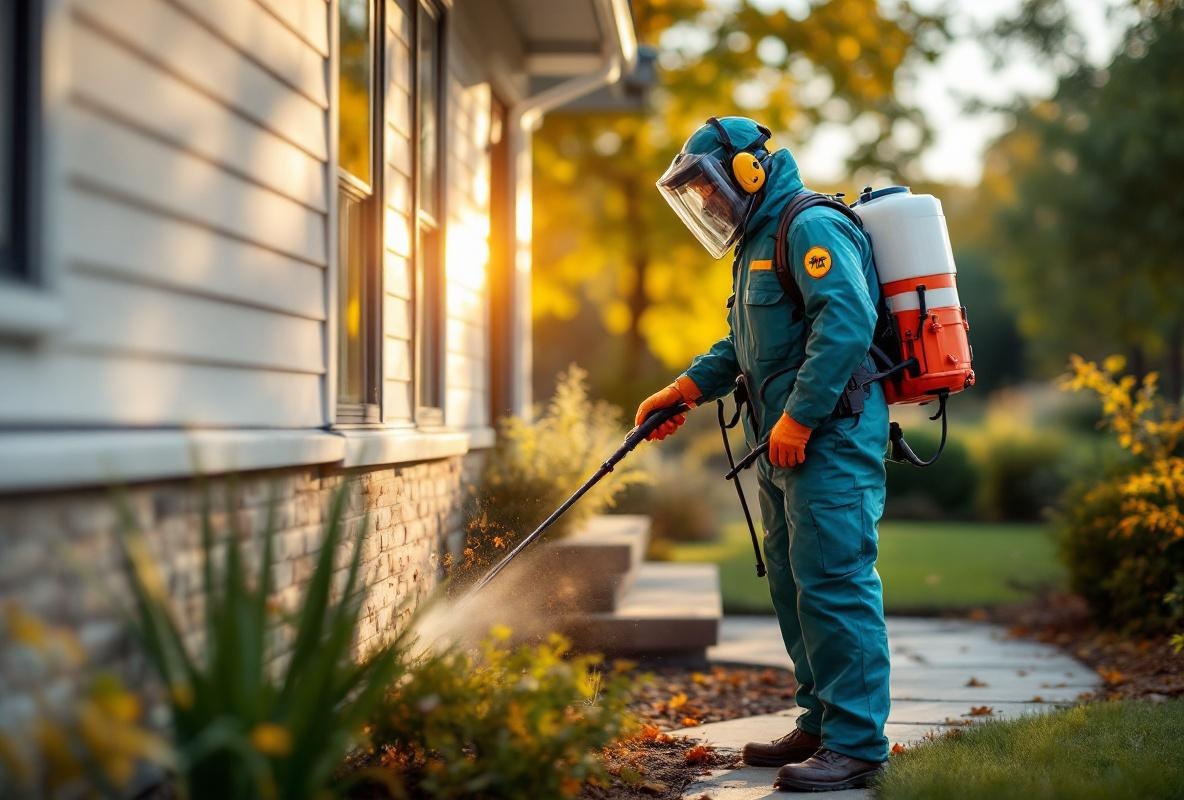 Professional pest control technician treating property