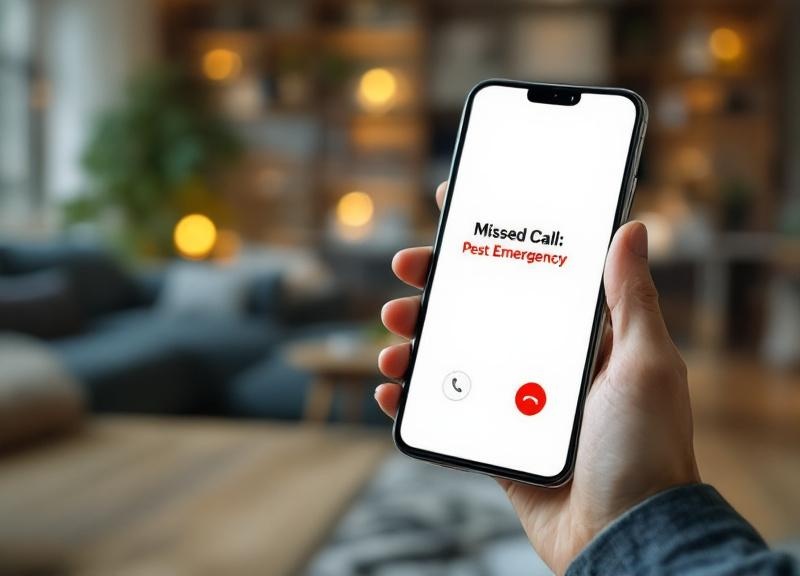 Smartphone showing missed call while pest control tech works