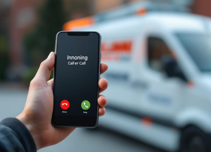 Smartphone showing missed call while plumber works