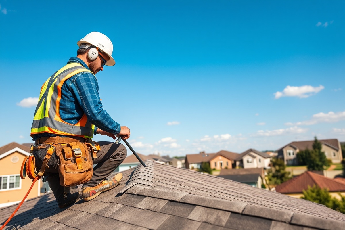 Professional roofer installing shingles on residential roof